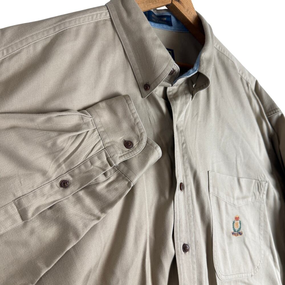 Vtg Chaps Ralph Lauren Shirt Mens L Tan Long Sleeve Button Up Crest Logo 90s